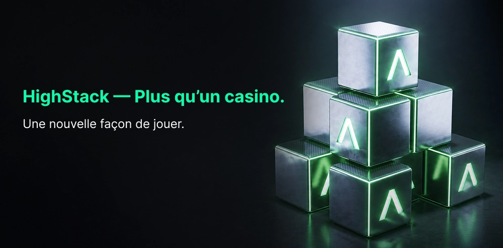 Bannière du casino HighStack avec une composition de cubes métalliques lumineux sur fond sombre