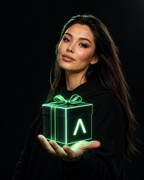 Coffret cadeau lumineux HighStack présenté par une femme sur fond sombre