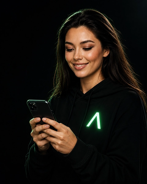Femme souriante utilisant HighStack sur son smartphone